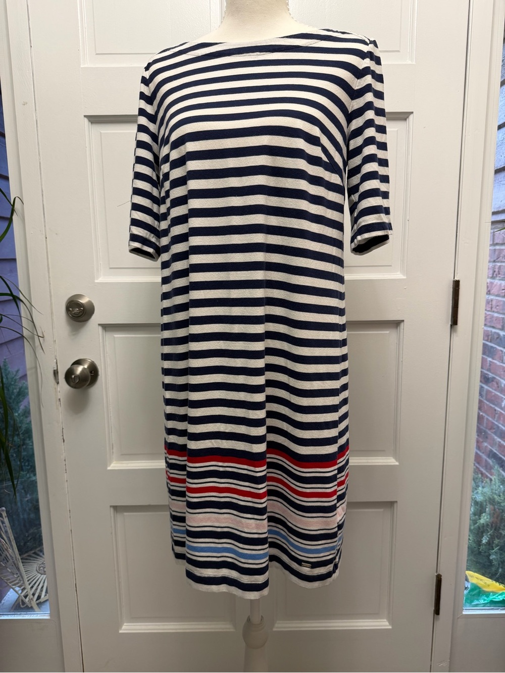 Tommy Hilfiger Navy and White Striped Midi Dress with Red Accent